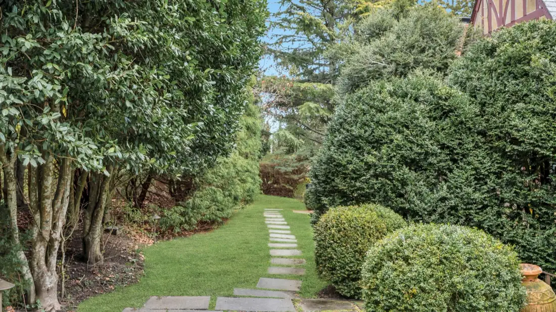 Un sendero de jardín atraviesa la vegetación podada junto a un césped.