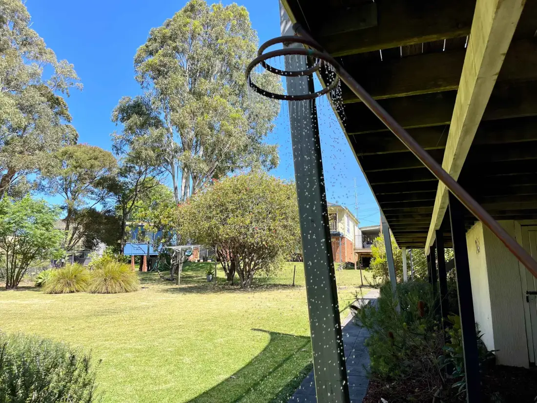 A grassy yard with trees beside a raised outdoor shower.