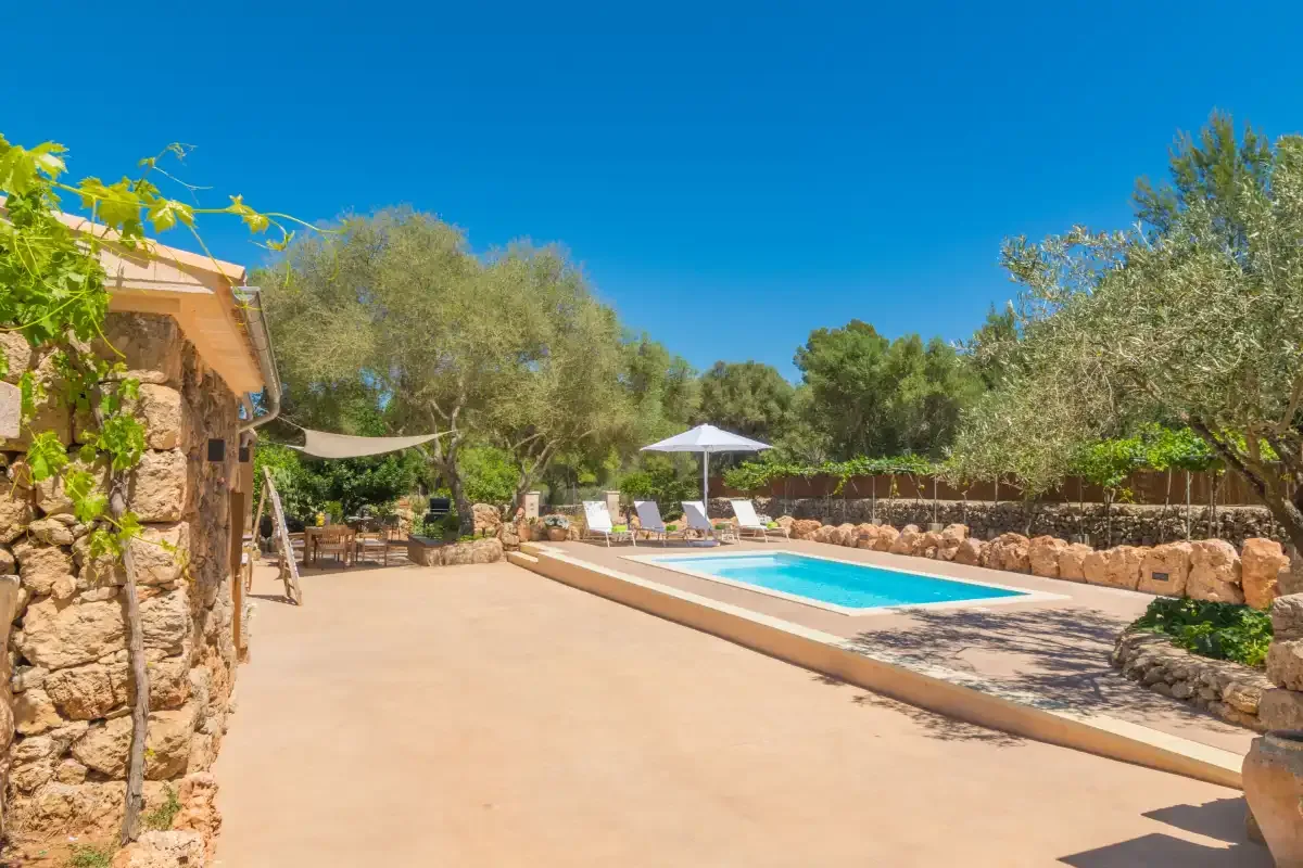 Una piscina está junto a una terraza de piedra con asientos y árboles.