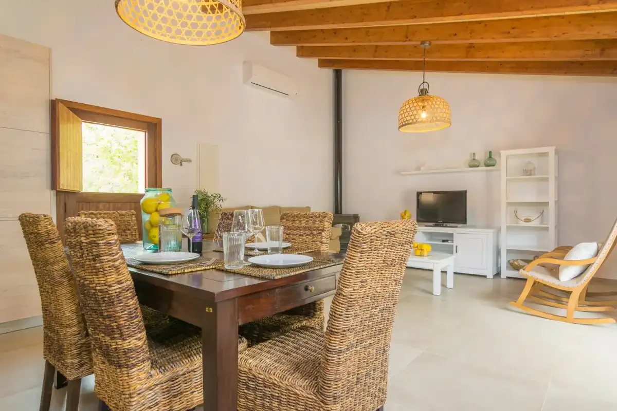 Zona de comedor y estar con asientos de mimbre, un televisor y una mecedora.