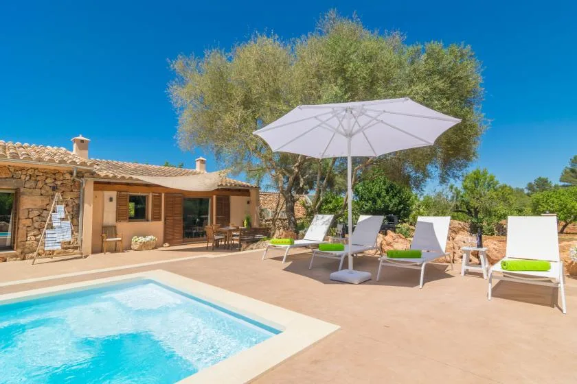 Una piscina y un patio al aire libre con asientos junto a una casa rústica.