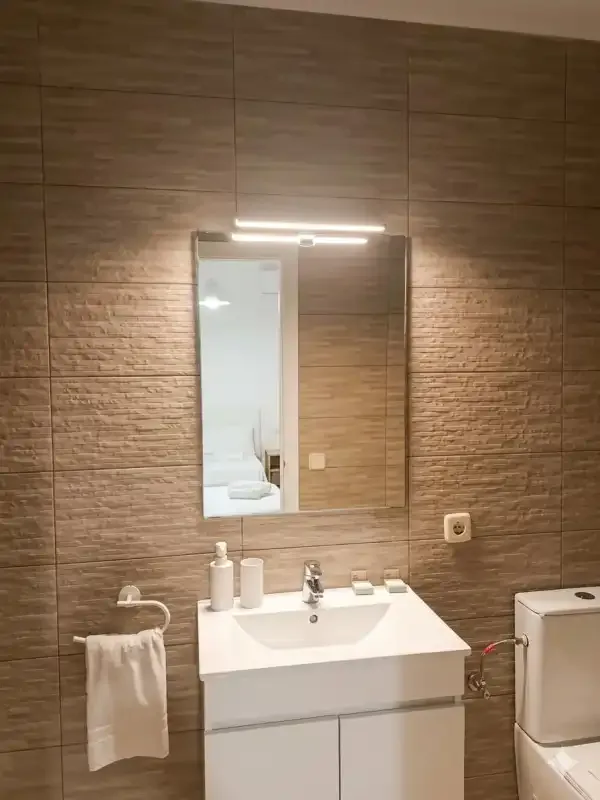 A bathroom with a sink, mirror, and toilet.