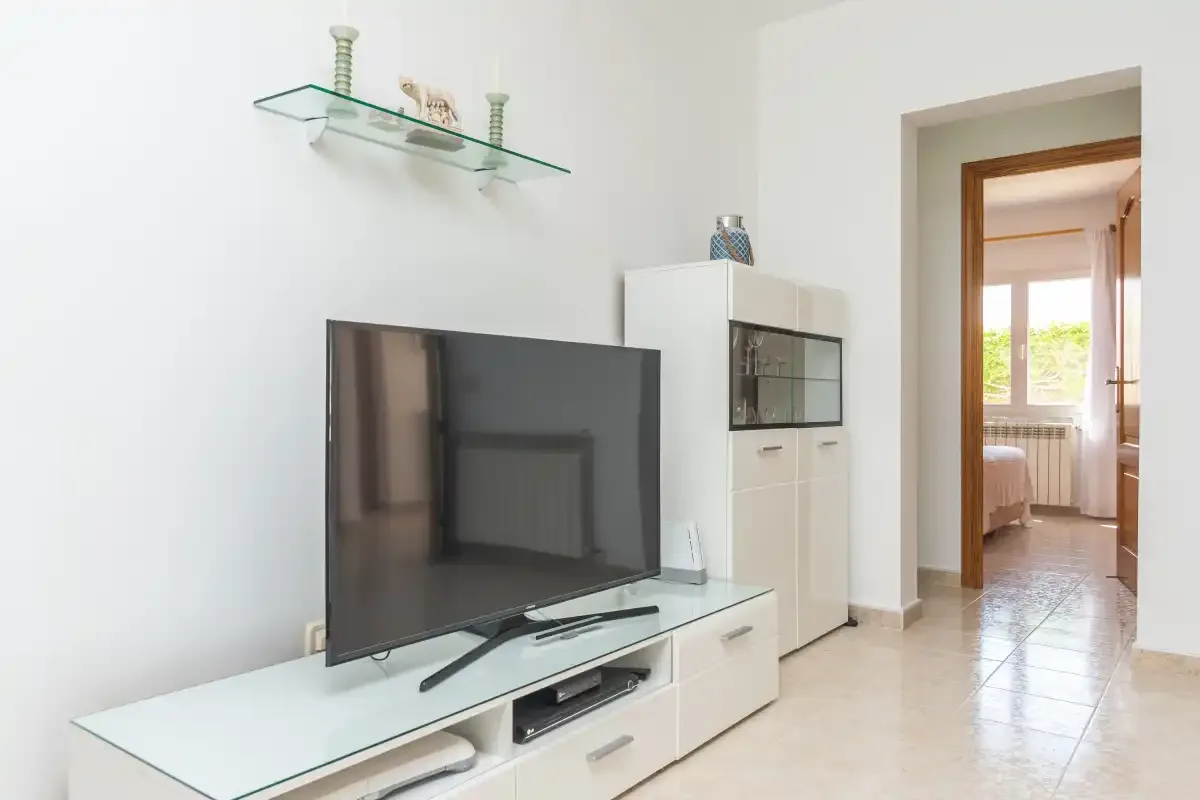 A bright living room with a television on a low media cabinet.
