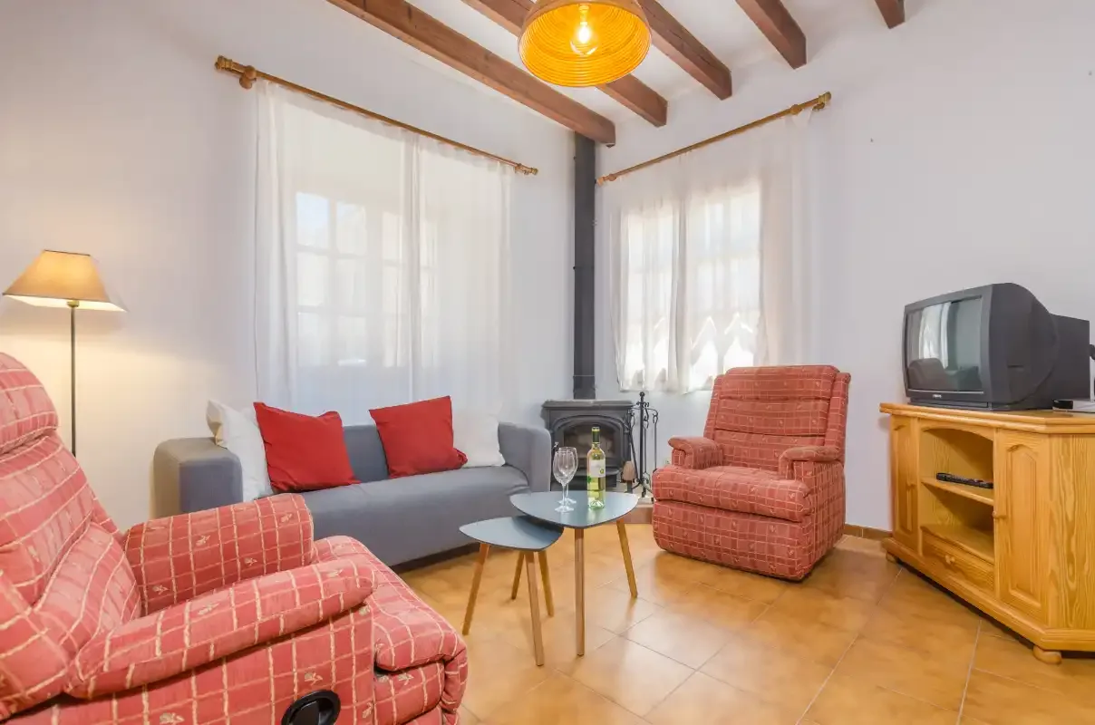 A living room with seating arranged around a small coffee table and stove.