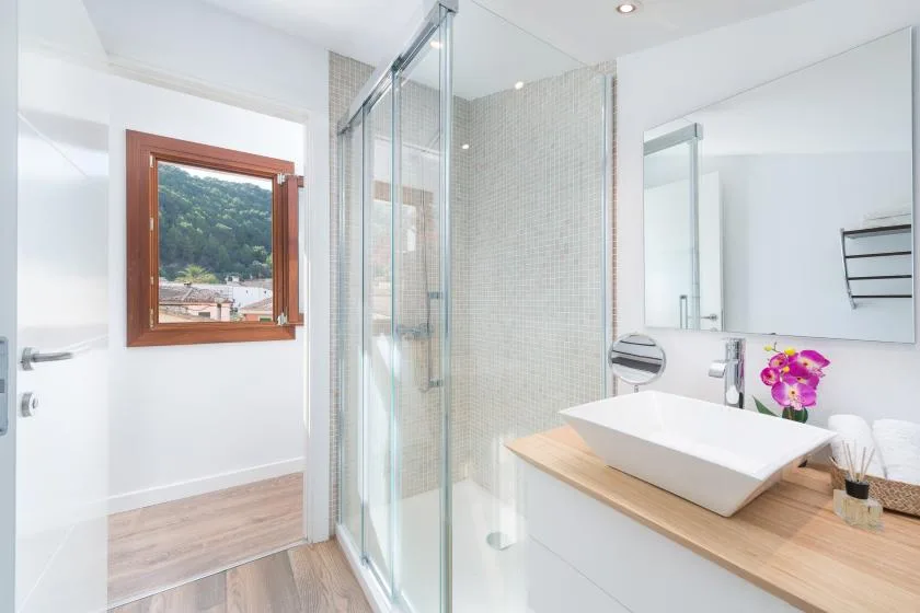 A bright bathroom with a glass shower, a vanity, and a window overlooking greenery.