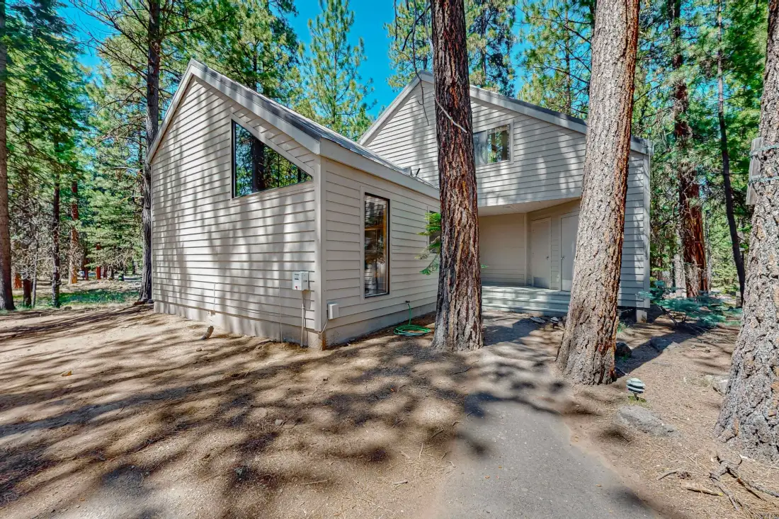 A modern house sits among tall pine trees, with a covered entrance.