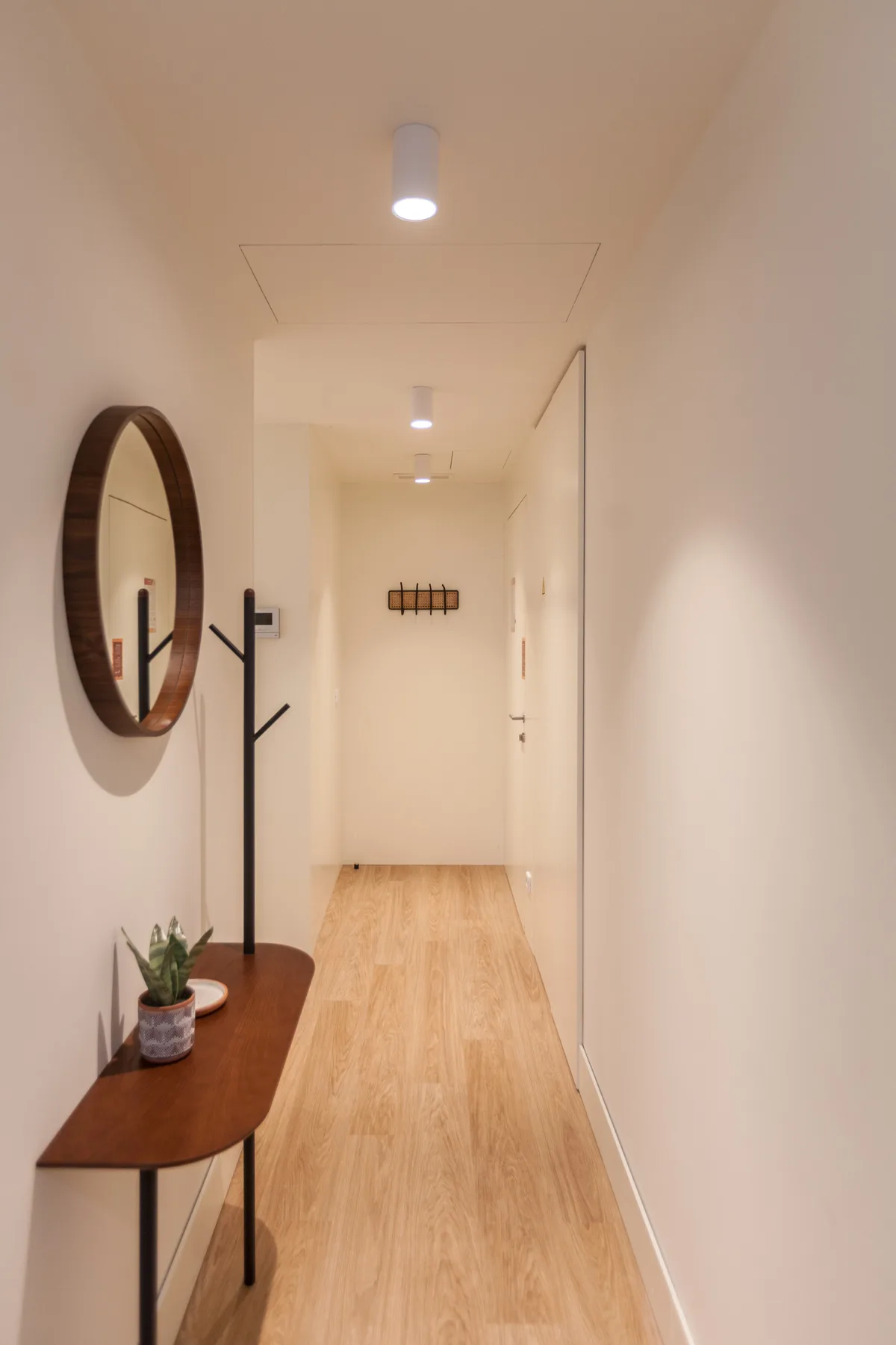 A bright hallway with light wood flooring and a narrow console table.