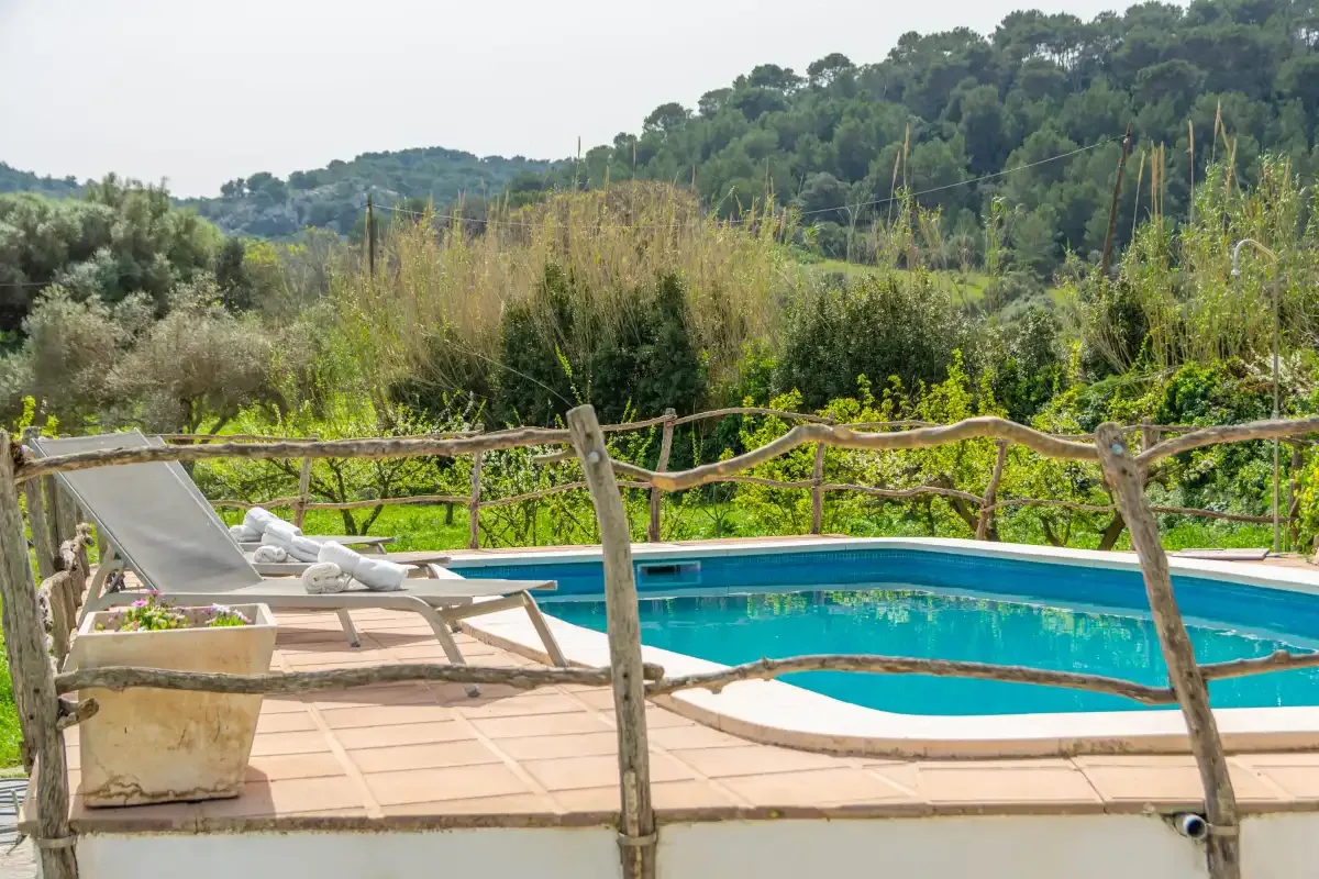 An outdoor swimming pool sits beside a paved patio with lounge seating and wooded hills beyond.