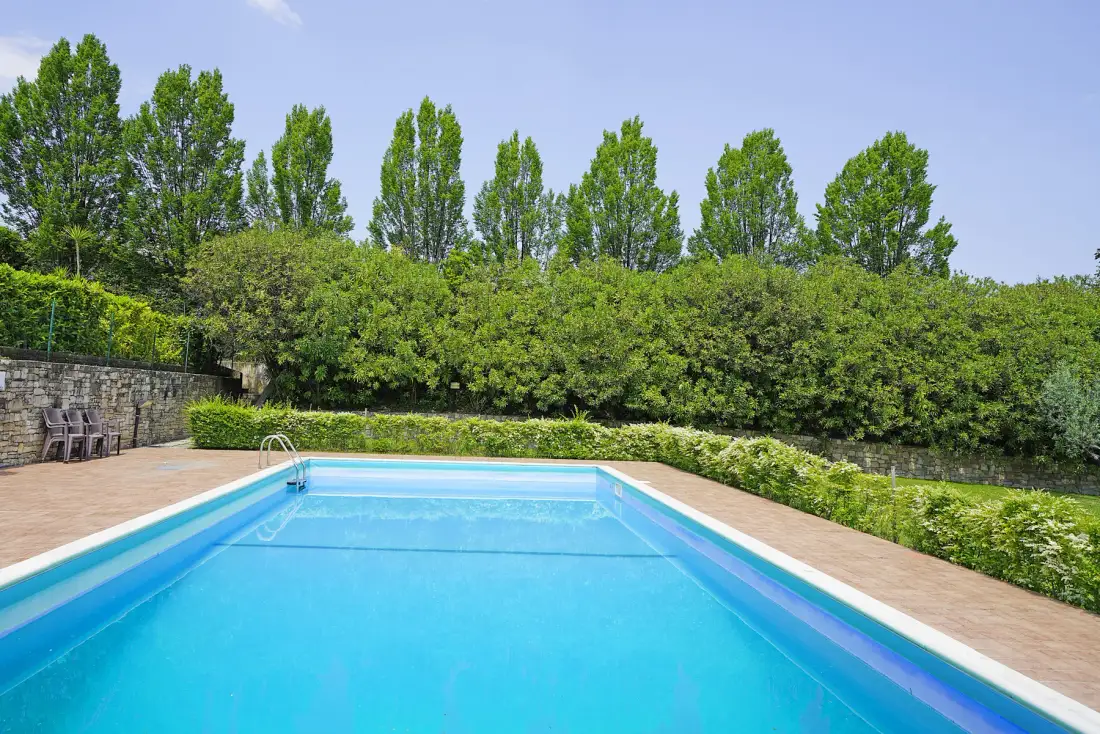 An outdoor swimming pool is surrounded by paved decking and green hedges.