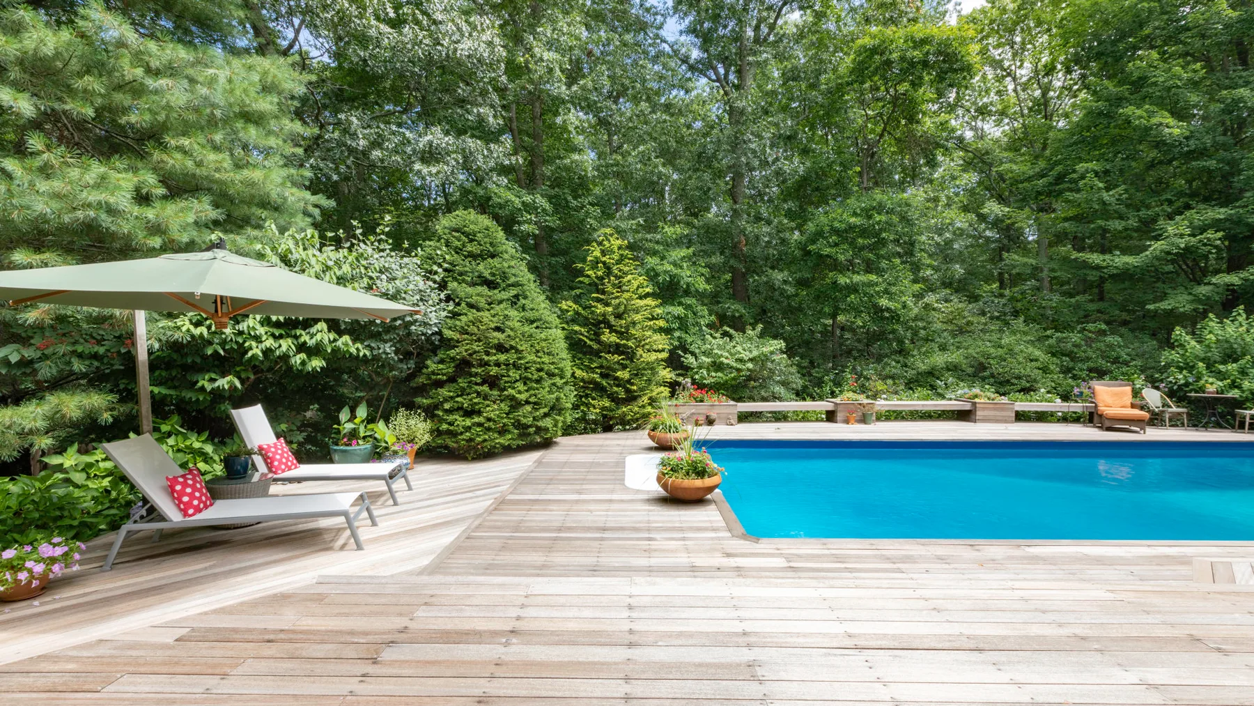 An outdoor swimming pool sits beside a wooden deck, surrounded by trees.