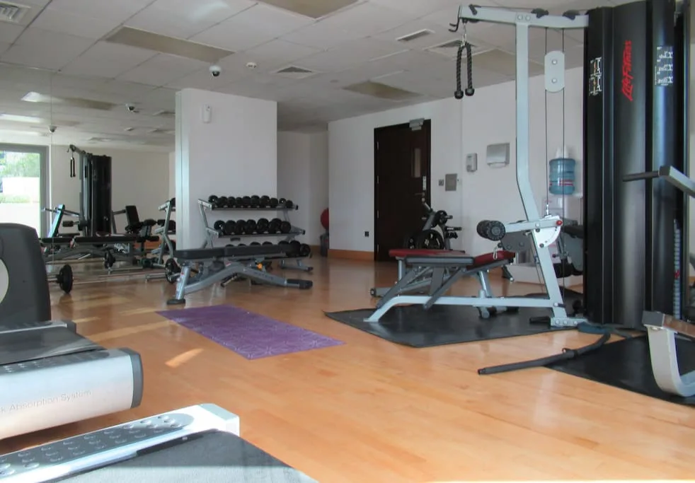 Un gimnasio con máquinas de pesas y mancuernas en una sala de ejercicio luminosa.
