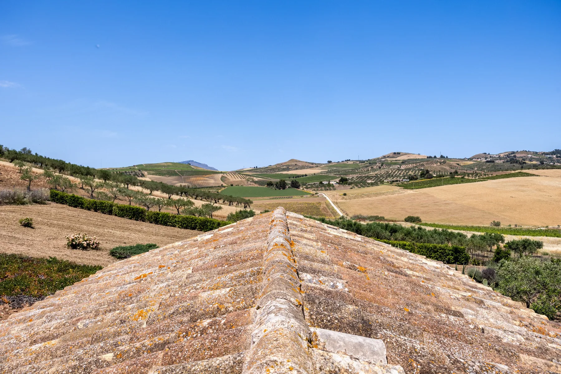 A tiled rooftop overlooks dry fields and rolling hills beneath a clear blue sky.