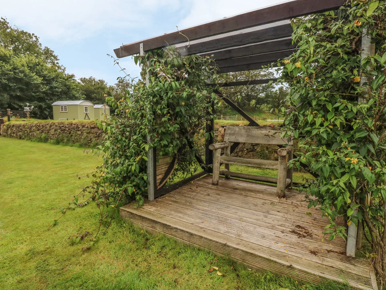 Un banco de madera está bajo una pérgola cubierta de plantas, junto a un jardín con césped.