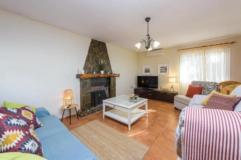 A living room with seating, a fireplace, and a coffee table.