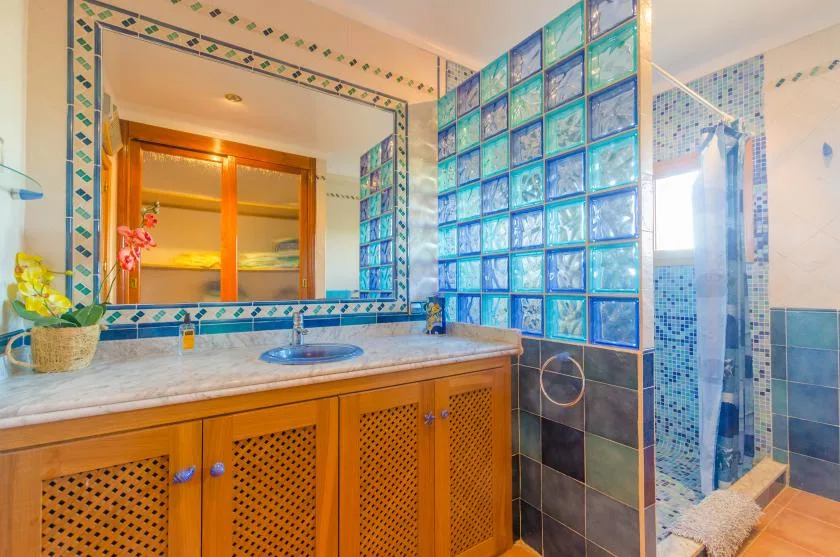 A tiled bathroom with a vanity, mirror, and glass-block partition.