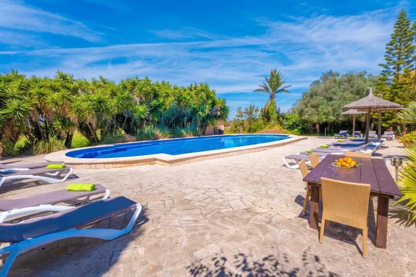 An outdoor pool beside a paved patio with lounge seating and a dining table.
