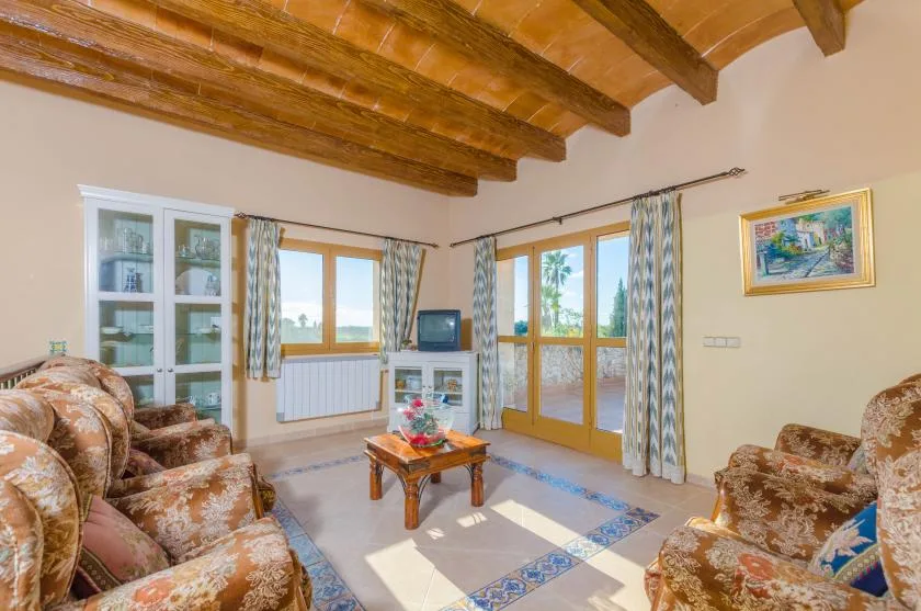 A living room with patterned seating, wooden ceiling beams, and glass doors.