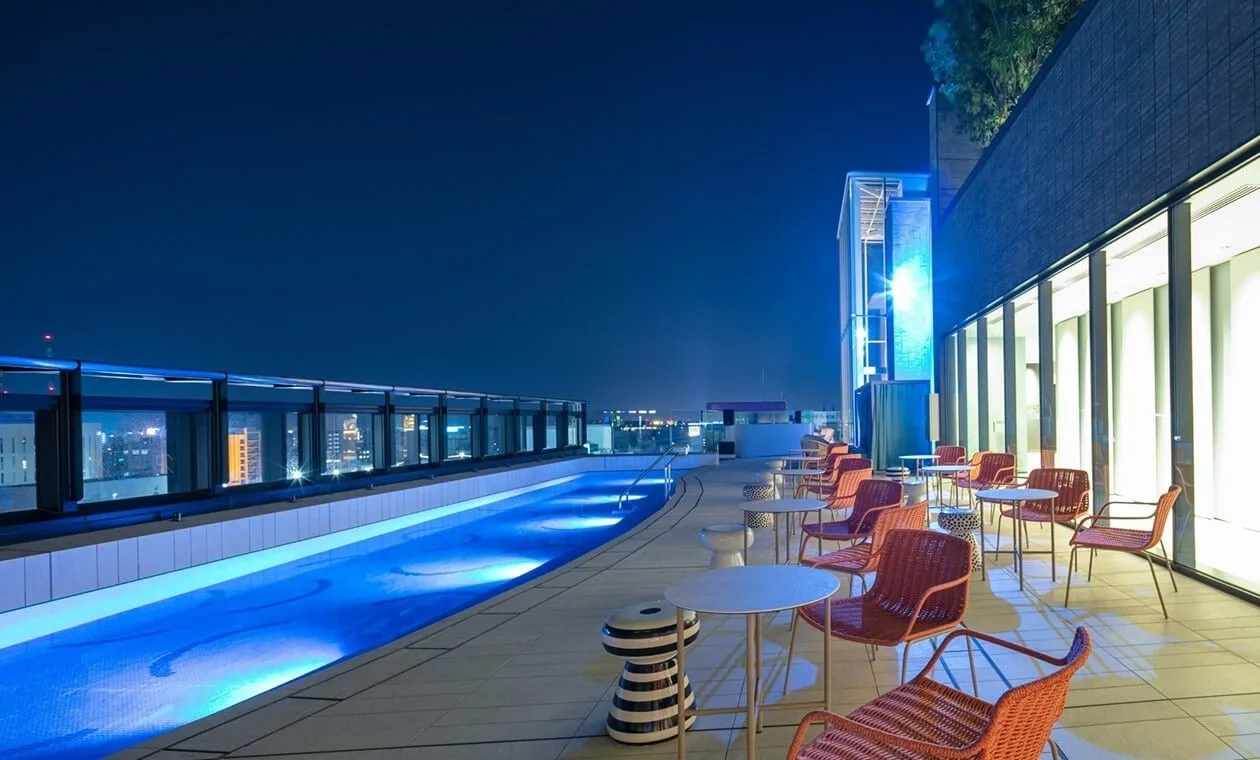 Outdoor spa at night
