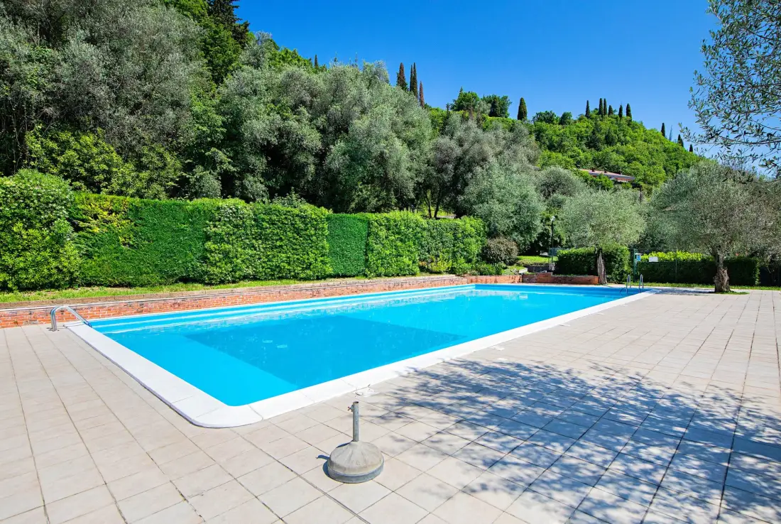 An outdoor swimming pool sits beside a paved patio and green hedges.