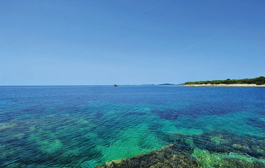 Un mar azul y claro se extiende hacia una costa baja y verde.