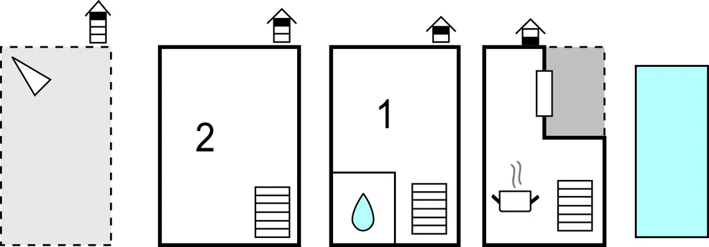 Un plano muestra habitaciones, elementos de baño y una piscina rectangular.
