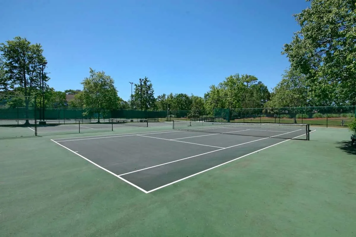 Una pista de tenis al aire libre con una red y árboles al otro lado de la valla.