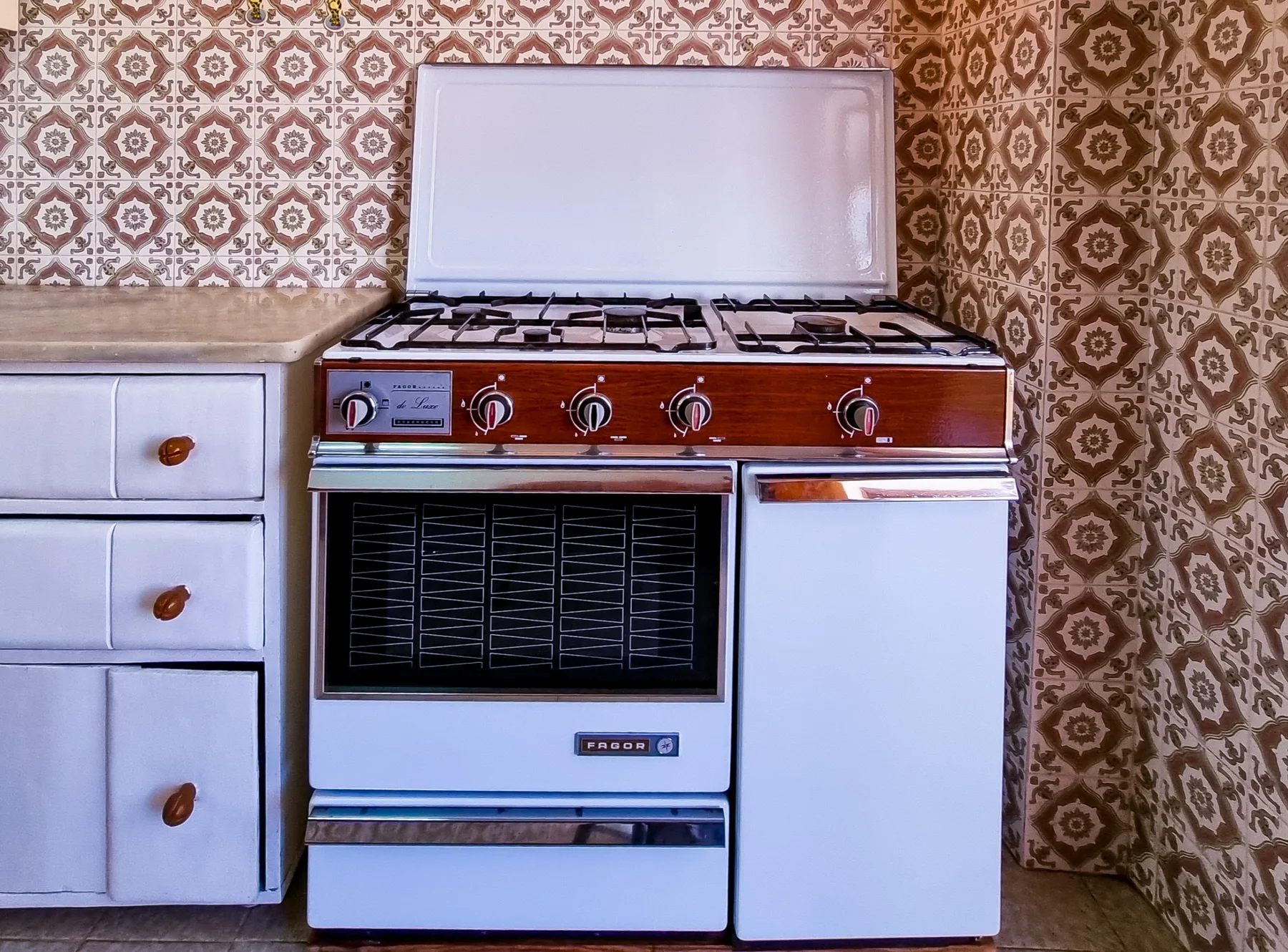 Una cocina con estufa y horno está junto a gabinetes claros, frente a paredes de azulejos estampados.