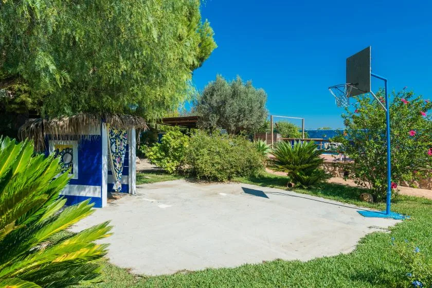 An outdoor basketball court bordered by trees and flowering shrubs.