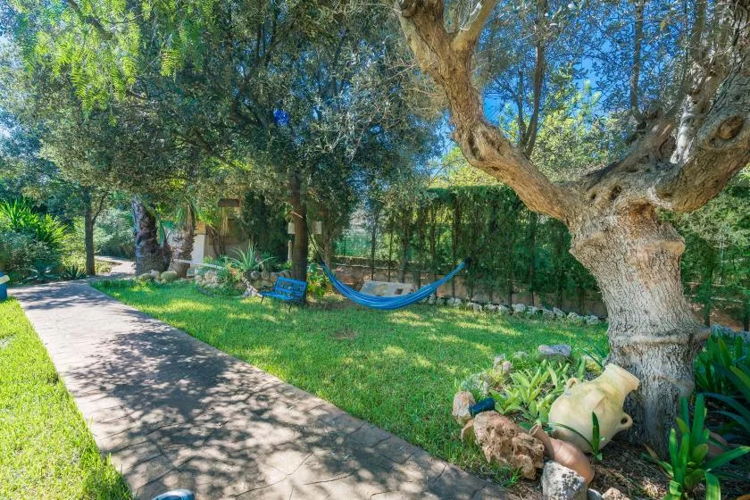 A shaded garden path winds beneath large trees beside a blue hammock.