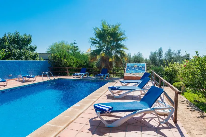 An outdoor swimming pool is surrounded by loungers and greenery.