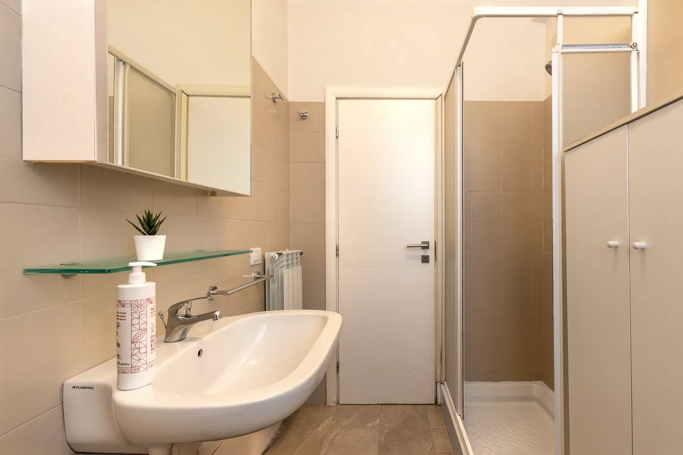 Un baño con lavabo, armario con espejo y ducha de vidrio.
