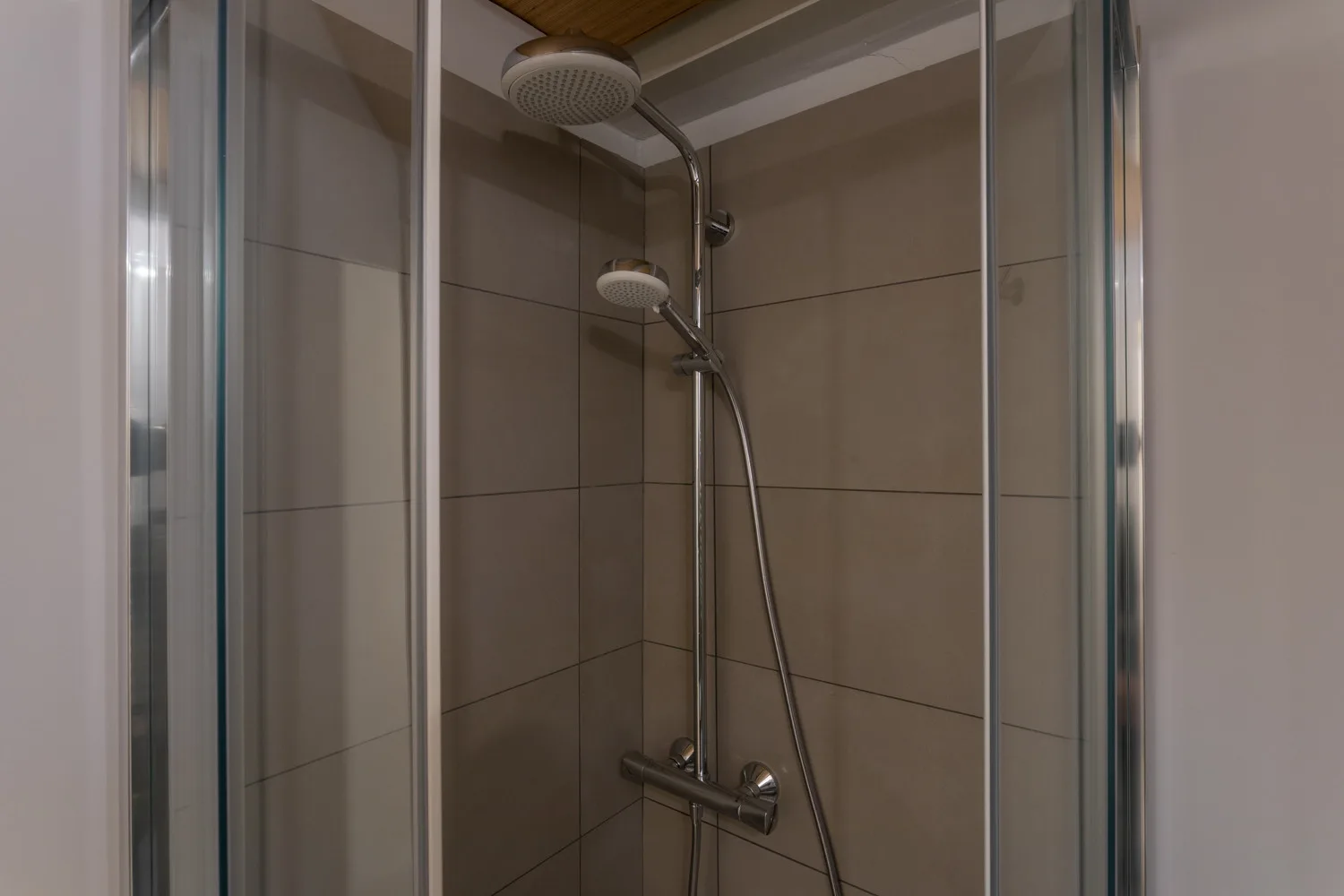 Una ducha con azulejos, rociador tipo lluvia y ducha de mano.