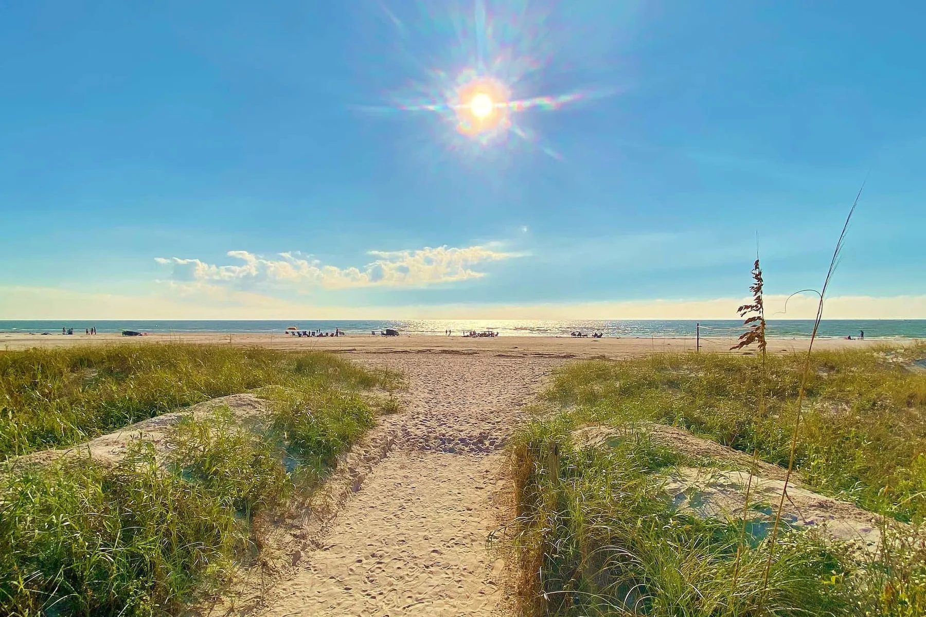 A sandy path crosses grassy dunes toward a beach under a bright sky.