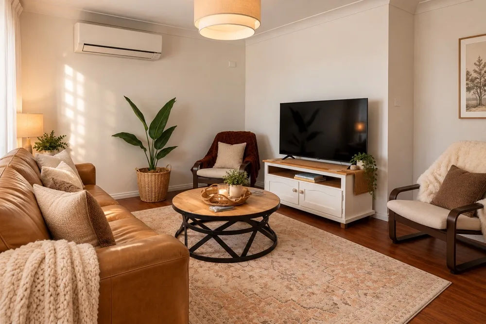 Sala de estar con asientos alrededor de una mesa de centro y un televisor.