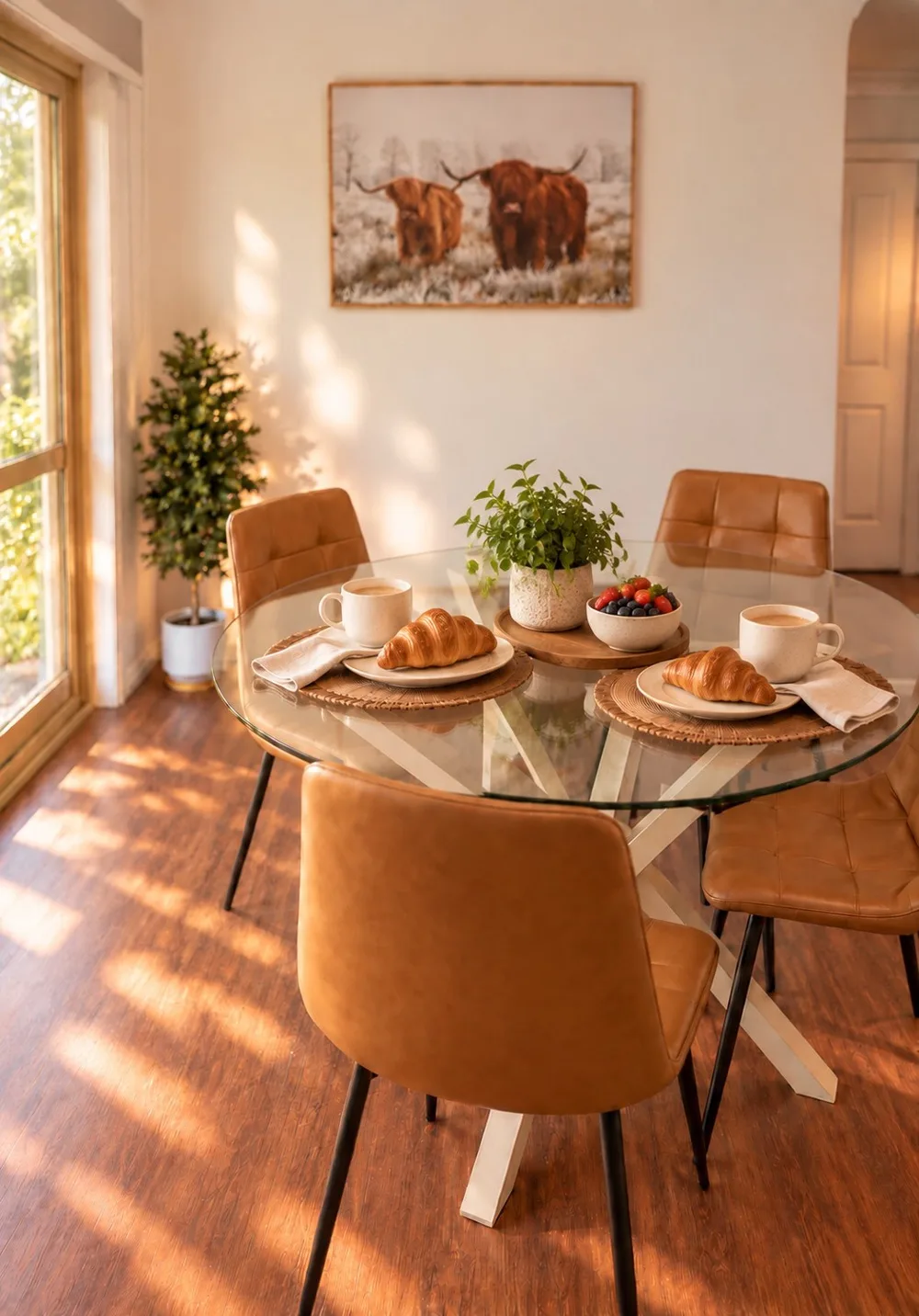 Comedor con una mesa redonda preparada para desayunar junto a una ventana.