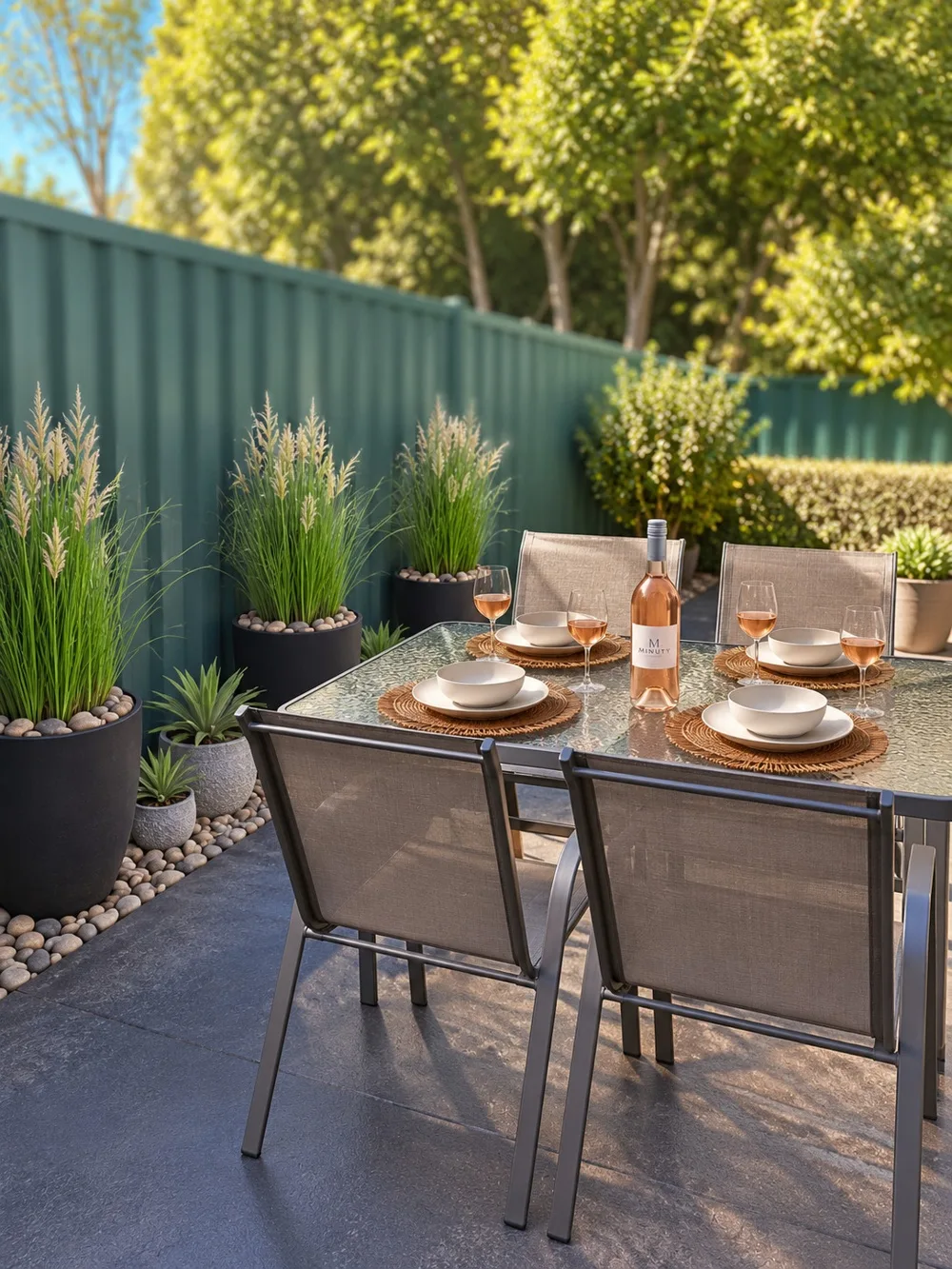 Comedor al aire libre con una mesa puesta y plantas en macetas.
