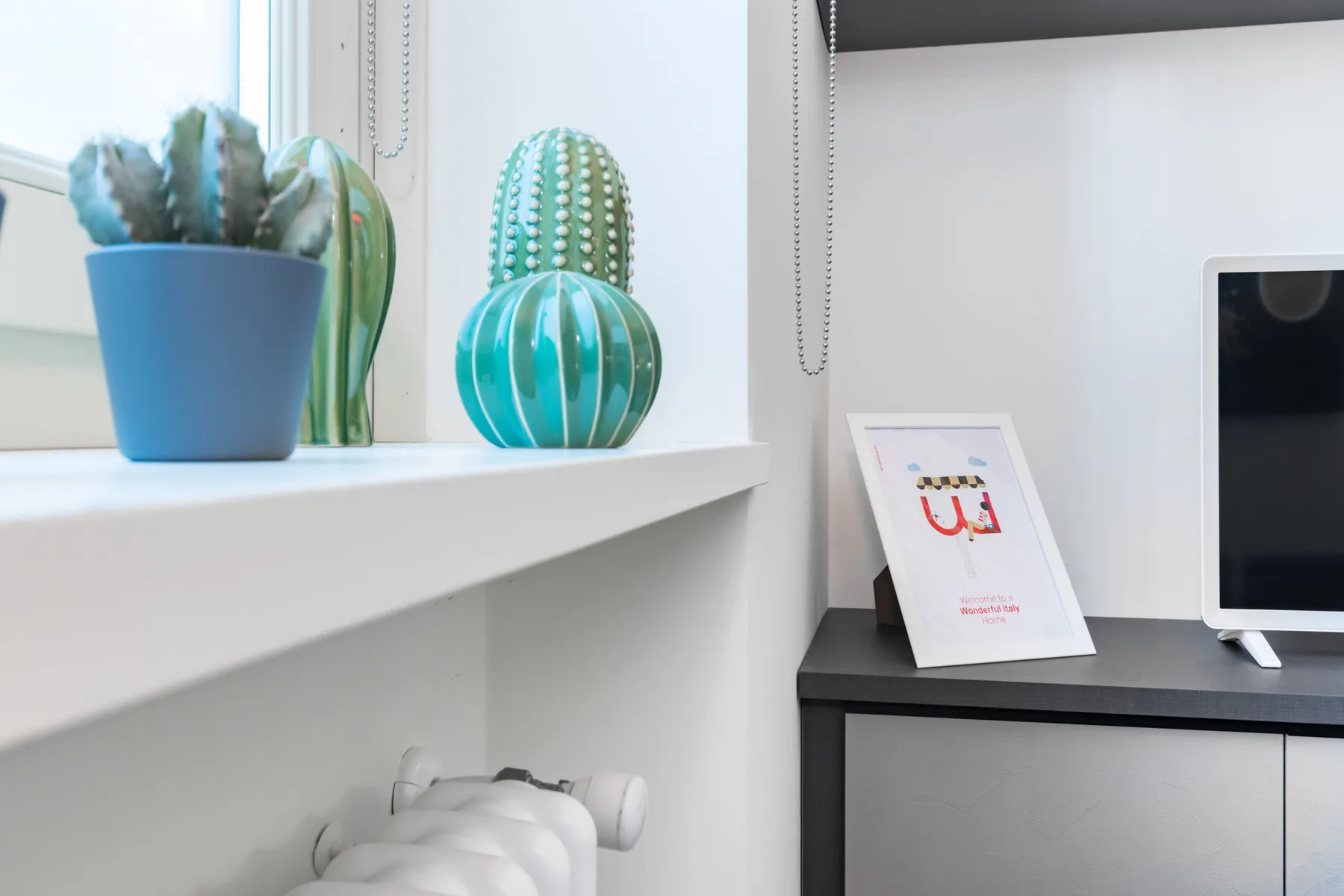 A bright room corner with decorative cactus figures on a shelf beside a television.