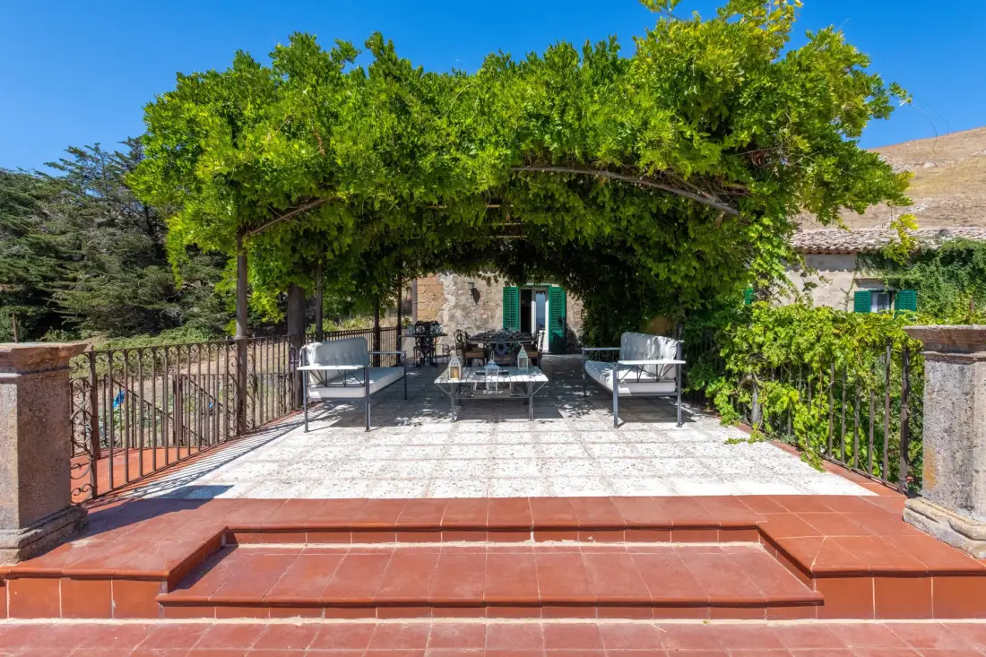 Un patio exterior sombreado con asientos bajo una pérgola frondosa.