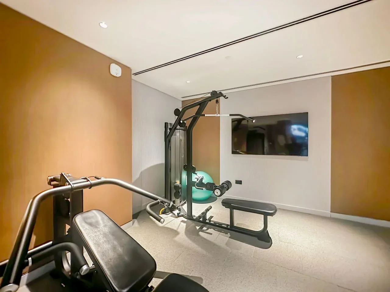 Un gimnasio compacto con máquinas de pesas y un televisor montado en la pared.