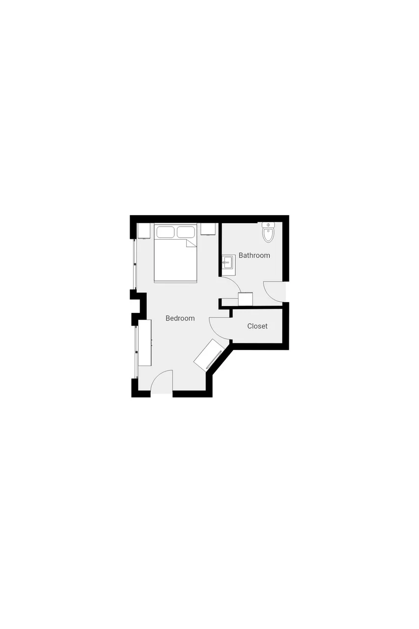 A floor plan shows a bedroom, bathroom, and closet.