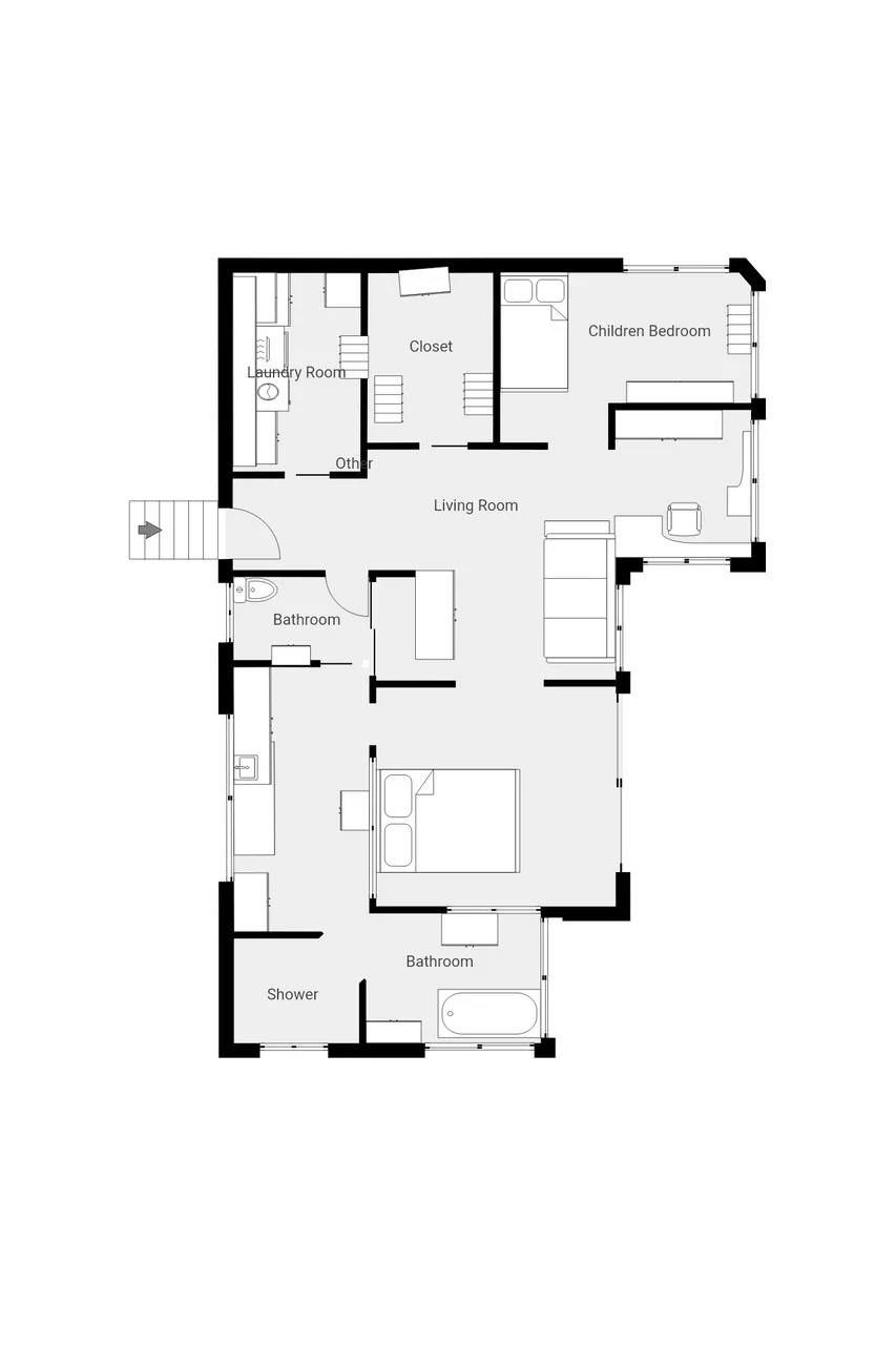 A floor plan shows a living room, bedrooms, bathrooms, and a laundry room.