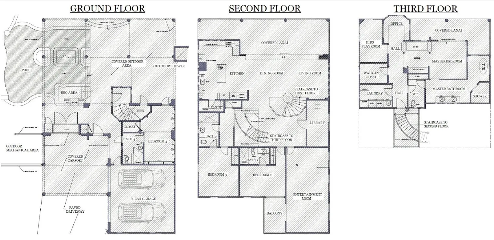 A three-floor architectural plan shows room layouts and stairs.