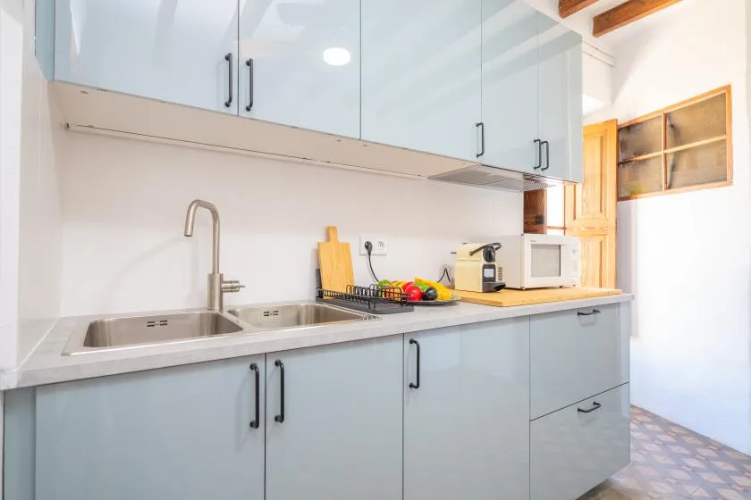 Una cocina luminosa con gabinetes claros, un fregadero y electrodomésticos sobre la encimera.