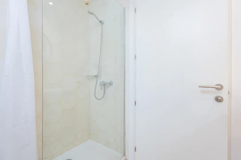 Ducha del baño junto a una puerta blanca cerrada.
