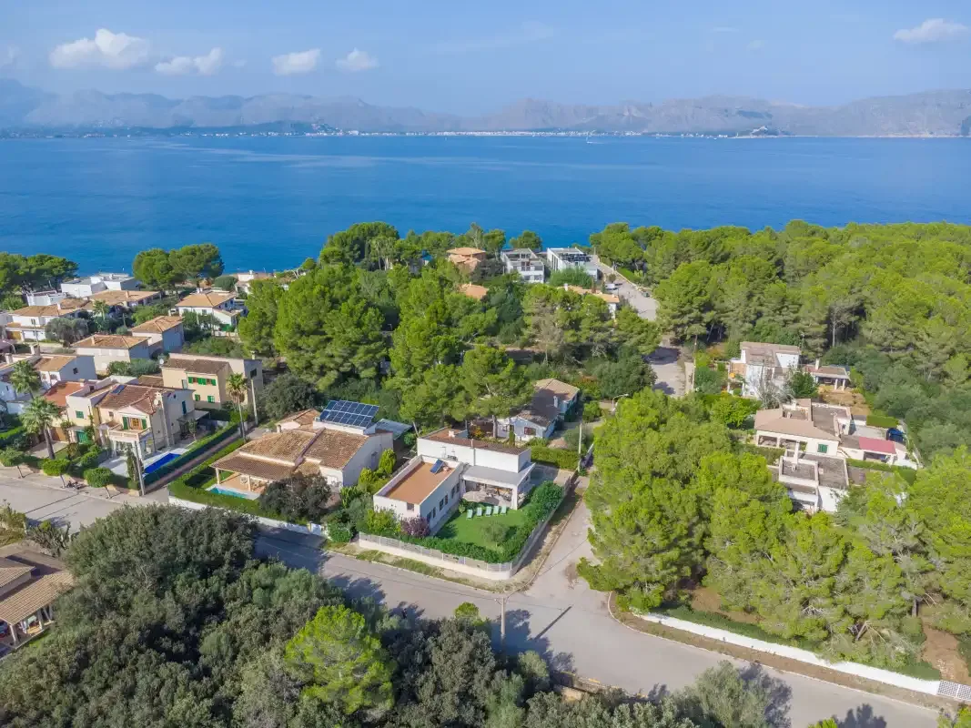 Vista aérea de casas entre árboles junto a una bahía azul.