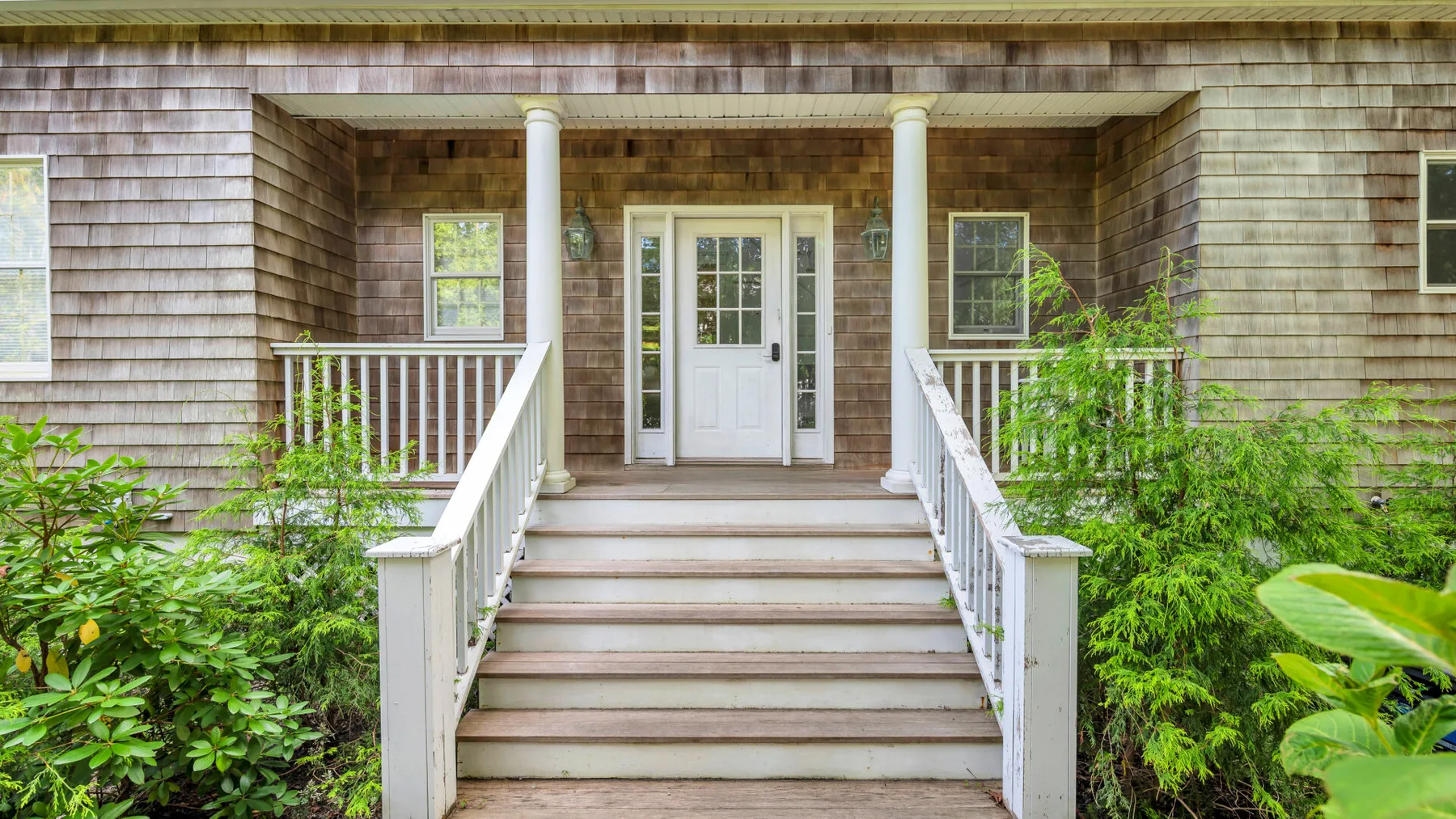 A house entrance with a white front door, porch steps, and surrounding greenery.