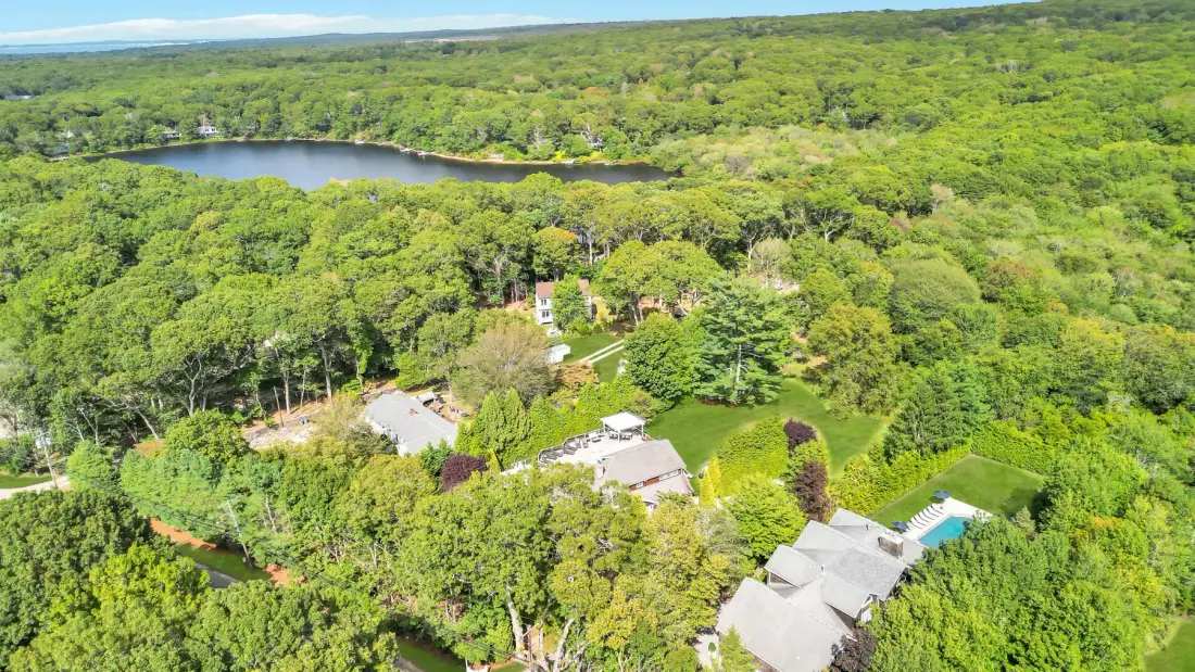 An aerial view shows buildings and a swimming pool amid dense green woodland.