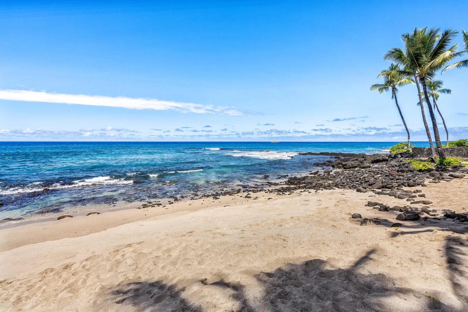 Una playa de arena se encuentra con aguas azules junto a una costa rocosa y palmeras.