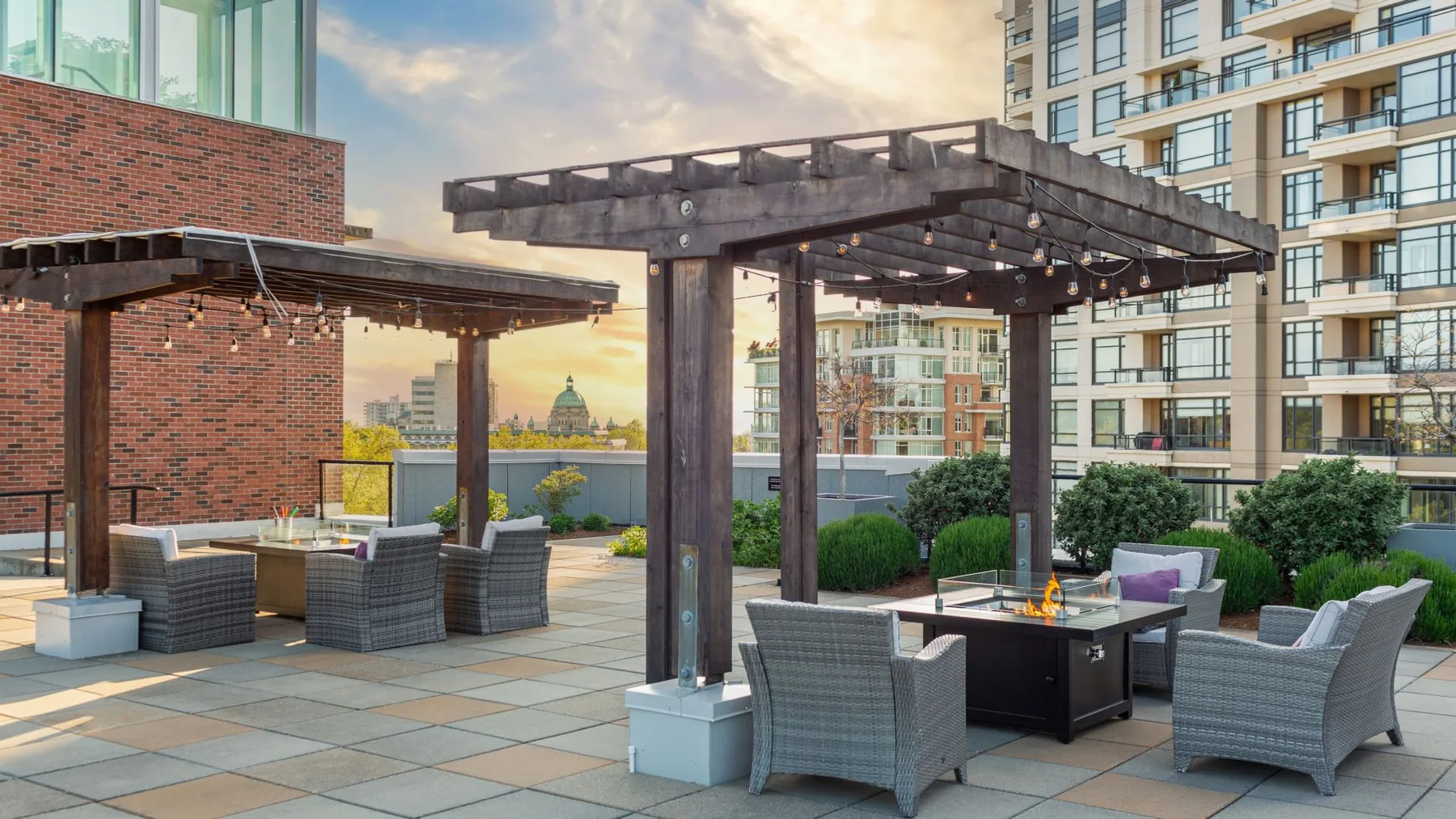 Rooftop seating area with fire pits