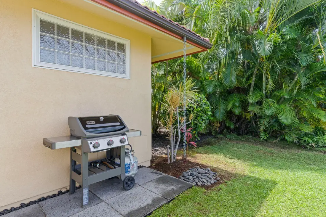 A barbecue grill sits beside a house, with a lawn and tropical plants nearby.